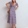 Twist Front Linen Blend Dress Han Purple, Flowered Bloom Twist Front Linen Blend Dress Han Purple, Flowered Bloom