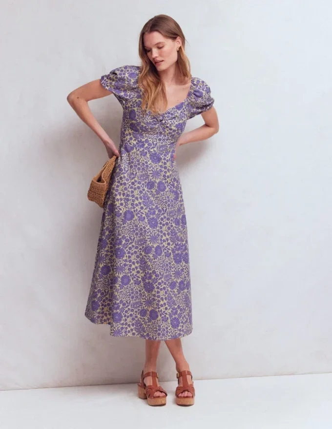 Twist Front Linen Blend Dress Han Purple, Flowered Bloom Twist Front Linen Blend Dress Han Purple, Flowered Bloom