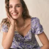 Twist Front Linen Blend Dress Han Purple, Flowered Bloom Twist Front Linen Blend Dress Han Purple, Flowered Bloom