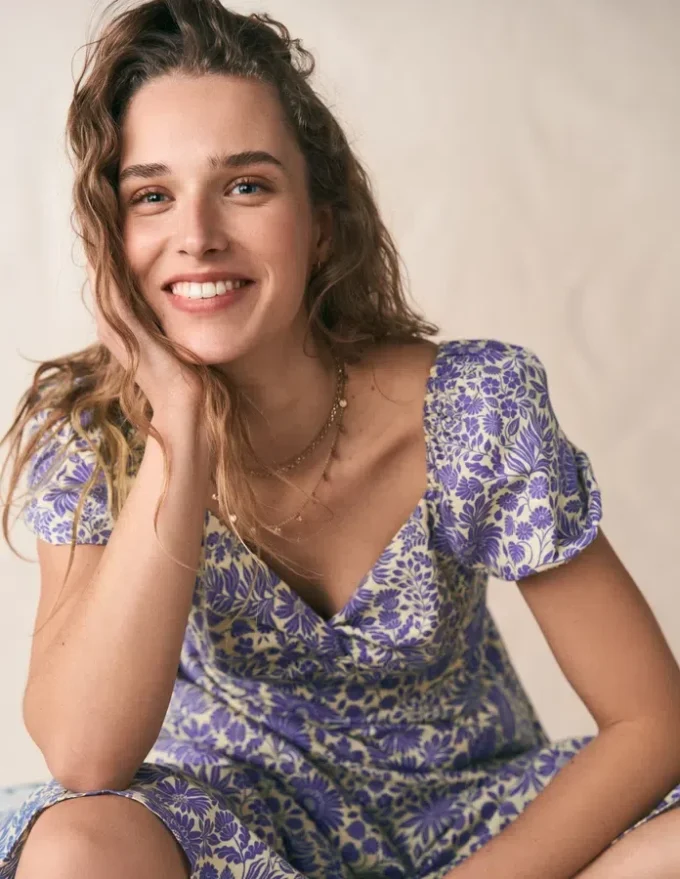 Twist Front Linen Blend Dress Han Purple, Flowered Bloom Twist Front Linen Blend Dress Han Purple, Flowered Bloom