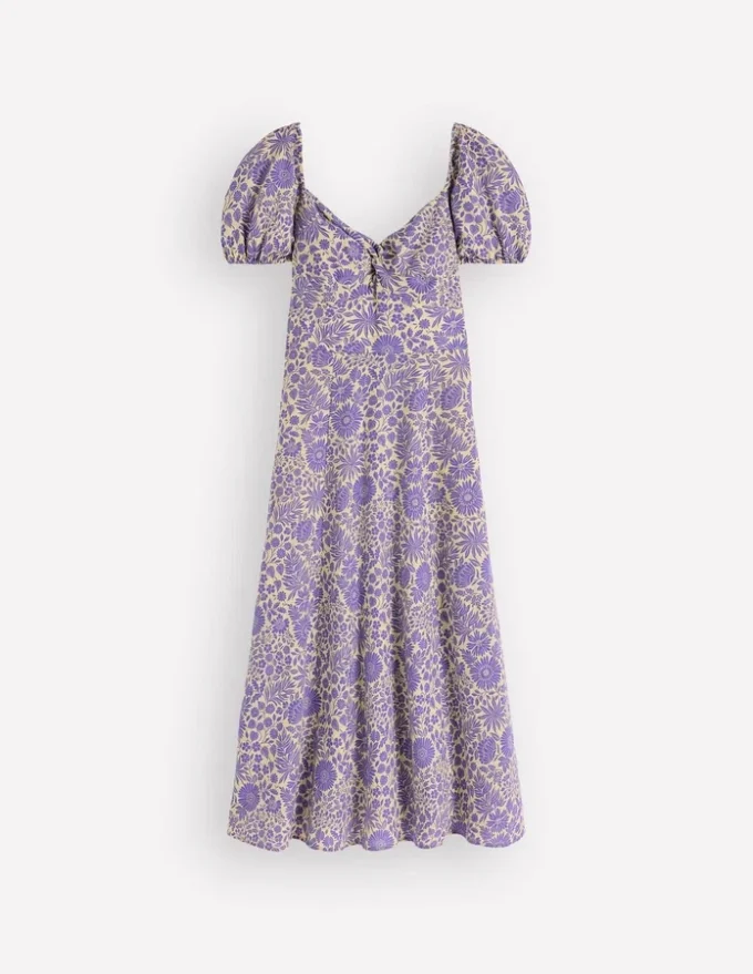Twist Front Linen Blend Dress Han Purple, Flowered Bloom Twist Front Linen Blend Dress Han Purple, Flowered Bloom