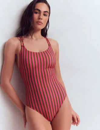 Twist Strap Swimsuit Pink, Khaki Stripe
