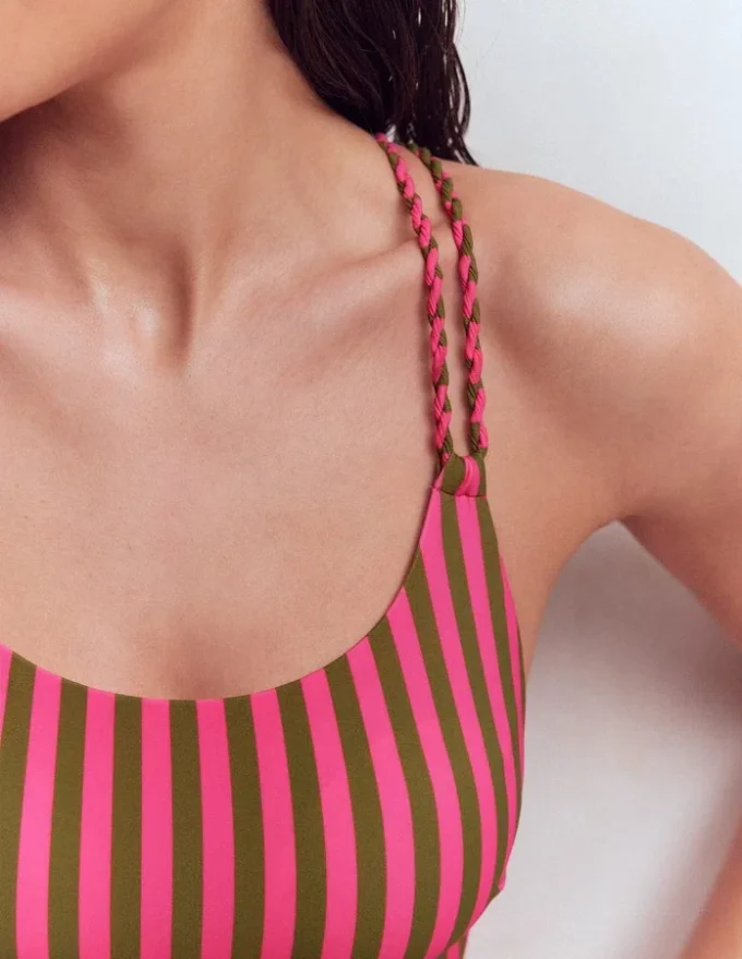 Twist Strap Swimsuit Pink, Khaki Stripe Twist Strap Swimsuit Pink, Khaki Stripe
