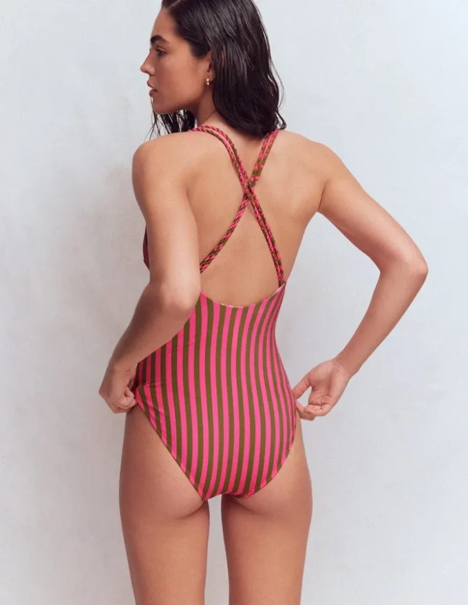 Twist Strap Swimsuit Pink, Khaki Stripe Twist Strap Swimsuit Pink, Khaki Stripe