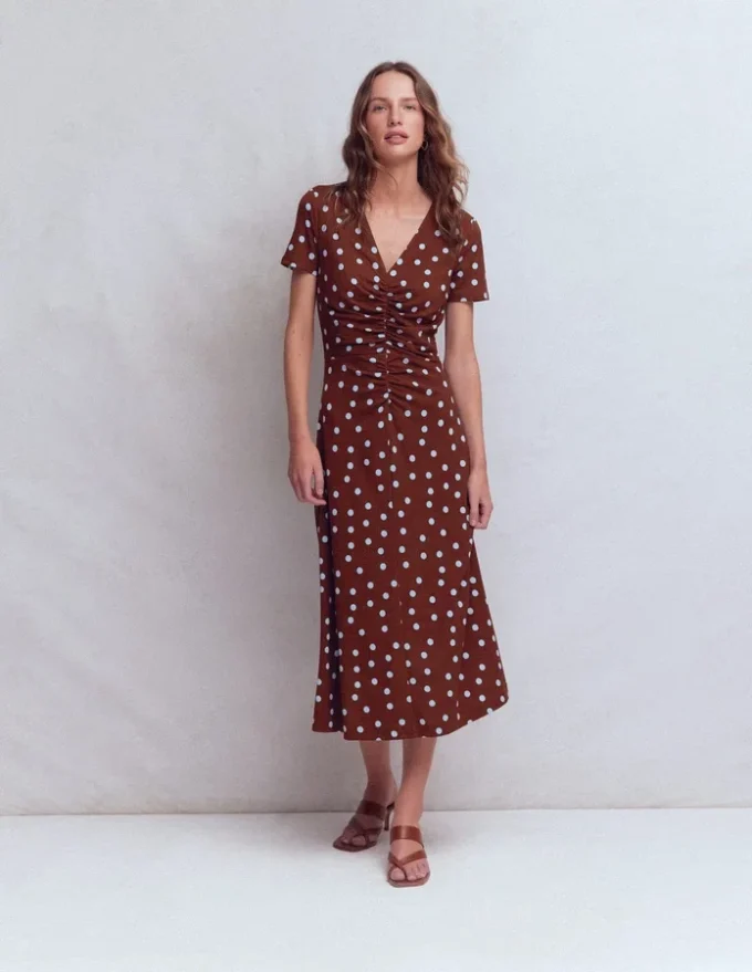 Una Ruched Front Ponte Dress Raw Umber, Painted Dot Una Ruched Front Ponte Dress Raw Umber, Painted Dot