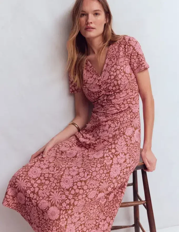Una Ruched Front Ponte Dress Russet, Flowerbed Bloom Una Ruched Front Ponte Dress Russet, Flowerbed Bloom