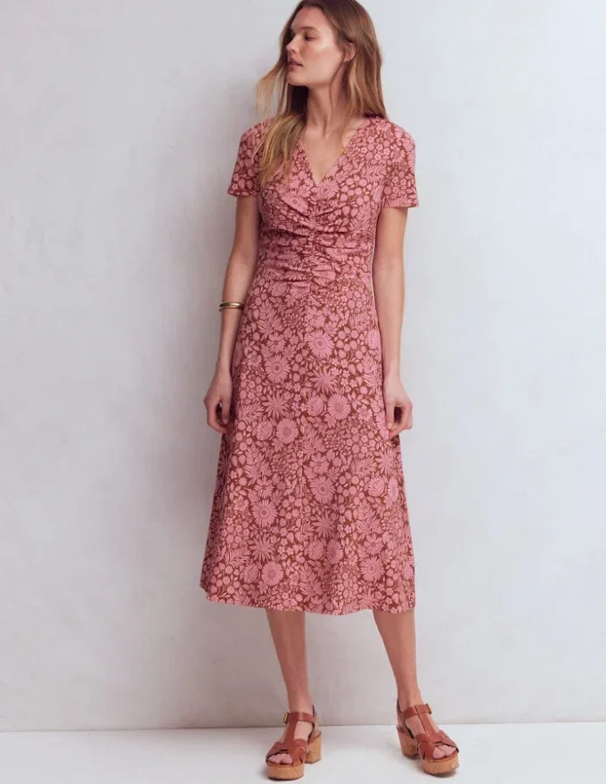 Una Ruched Front Ponte Dress Russet, Flowerbed Bloom Una Ruched Front Ponte Dress Russet, Flowerbed Bloom