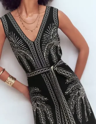 V Neck Jacquard Dress Palm Jacquard