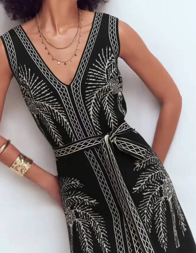 V Neck Jacquard Dress Palm Jacquard V Neck Jacquard Dress Palm Jacquard