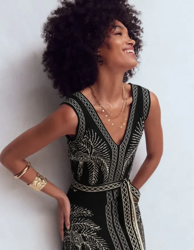 V Neck Jacquard Dress Palm Jacquard V Neck Jacquard Dress Palm Jacquard