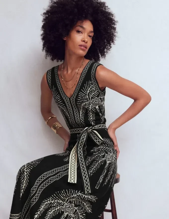 V Neck Jacquard Dress Palm Jacquard V Neck Jacquard Dress Palm Jacquard