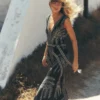 V Neck Jacquard Dress Palm Jacquard V Neck Jacquard Dress Palm Jacquard