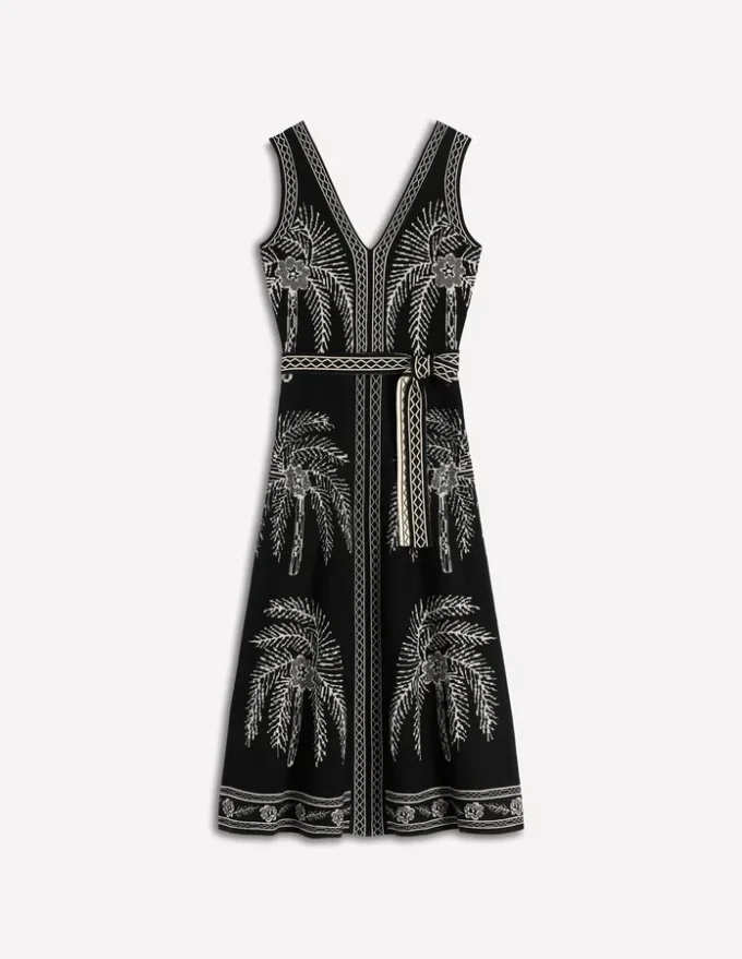 V Neck Jacquard Dress Palm Jacquard V Neck Jacquard Dress Palm Jacquard