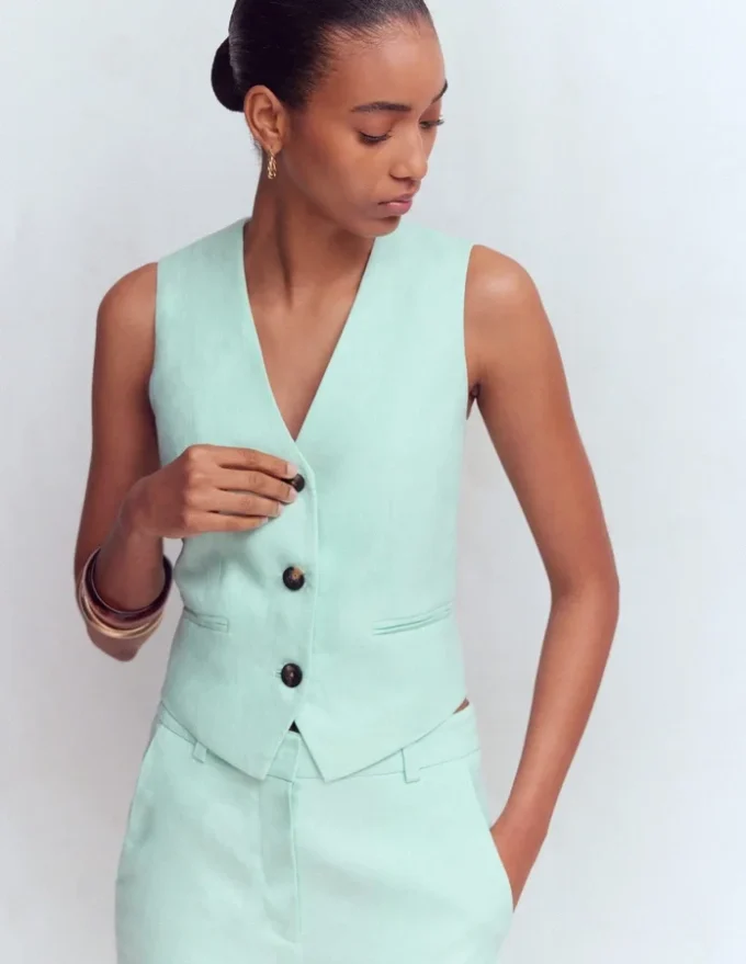 V-neck Linen Waistcoat Spearmint