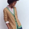 V Neck Longline Cardigan Camel Melange