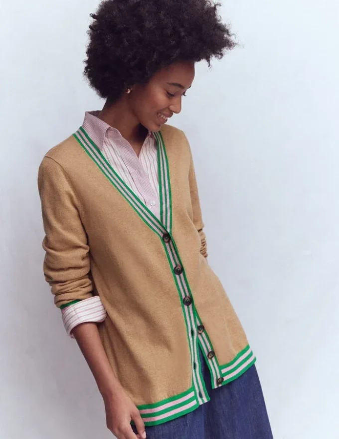 V Neck Longline Cardigan Camel Melange