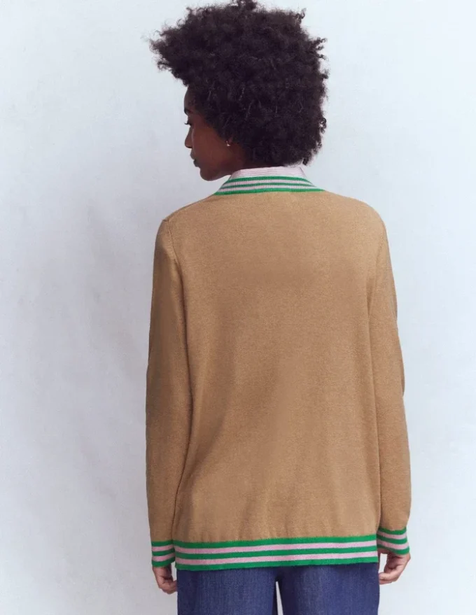 V Neck Longline Cardigan Camel Melange