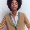 V Neck Longline Cardigan Camel Melange
