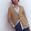 V Neck Longline Cardigan Camel Melange