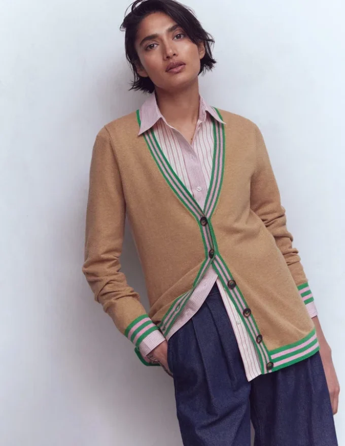 V Neck Longline Cardigan Camel Melange