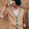 V Neck Longline Cardigan Camel Melange