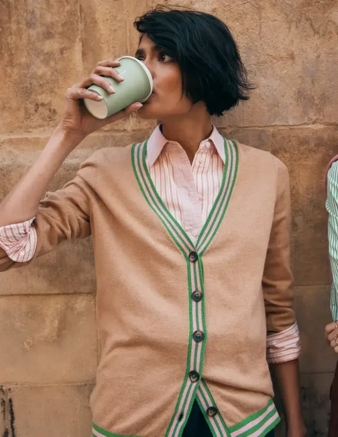V Neck Longline Cardigan Camel Melange
