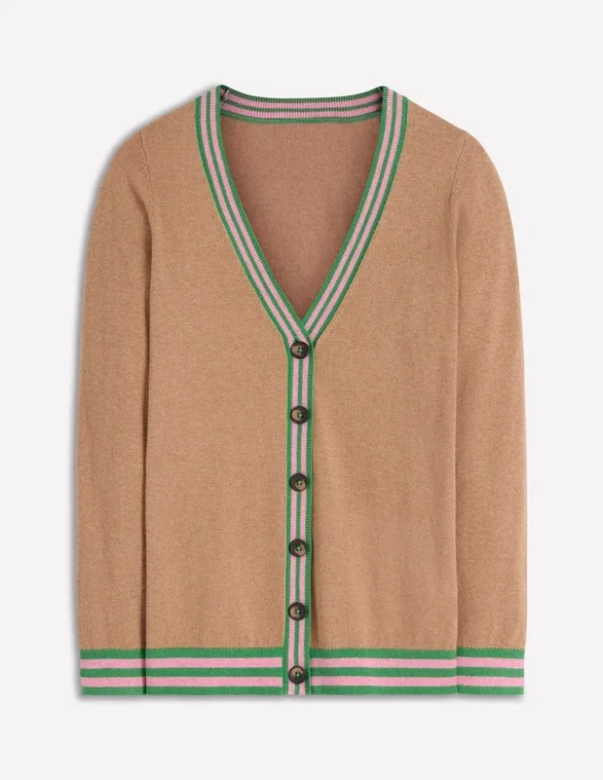 V Neck Longline Cardigan Camel Melange