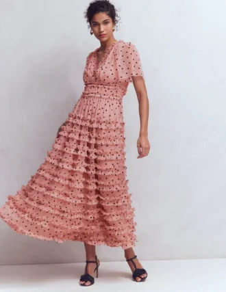 V-Neck Ruffle Tulle Dress Ivory Black Spot