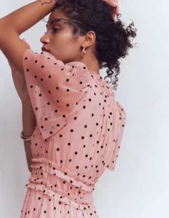 V-Neck Ruffle Tulle Dress Ivory Black Spot