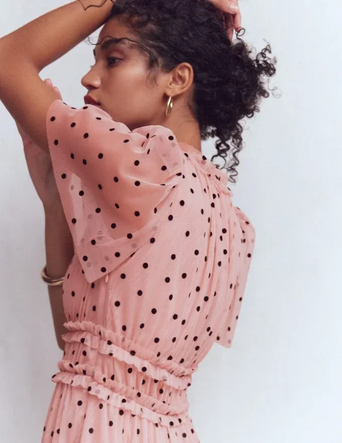 V-Neck Ruffle Tulle Dress Ivory Black Spot V-Neck Ruffle Tulle Dress Ivory Black Spot