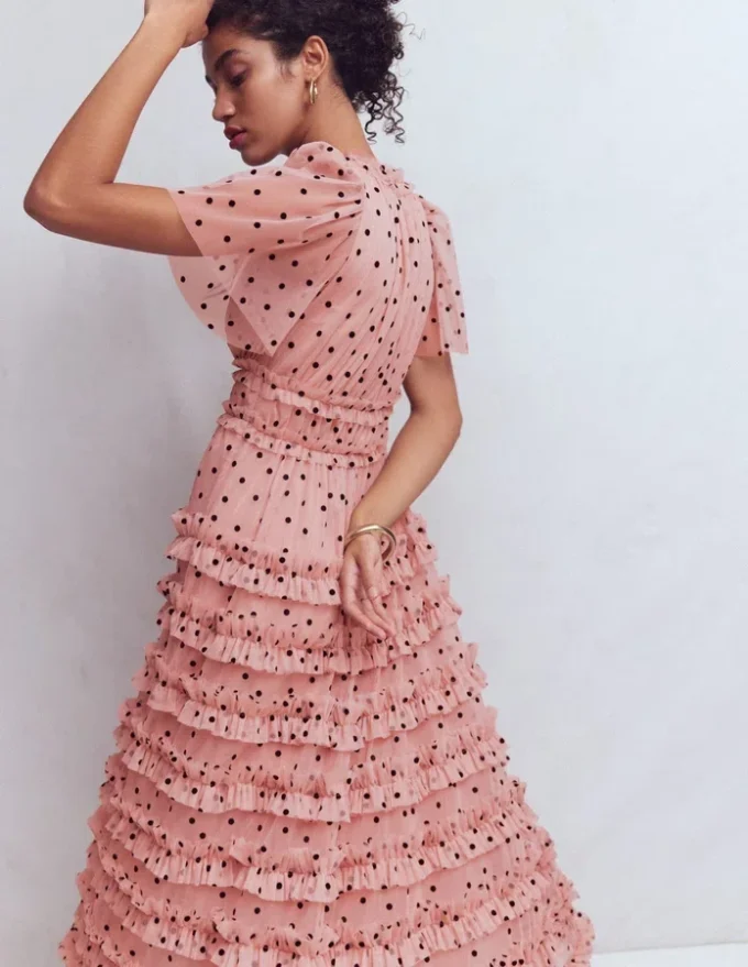 V-Neck Ruffle Tulle Dress Ivory Black Spot V-Neck Ruffle Tulle Dress Ivory Black Spot