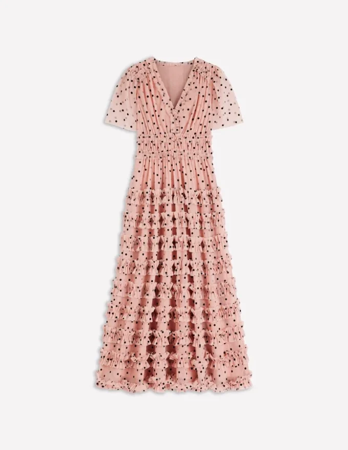 V-Neck Ruffle Tulle Dress Ivory Black Spot V-Neck Ruffle Tulle Dress Ivory Black Spot