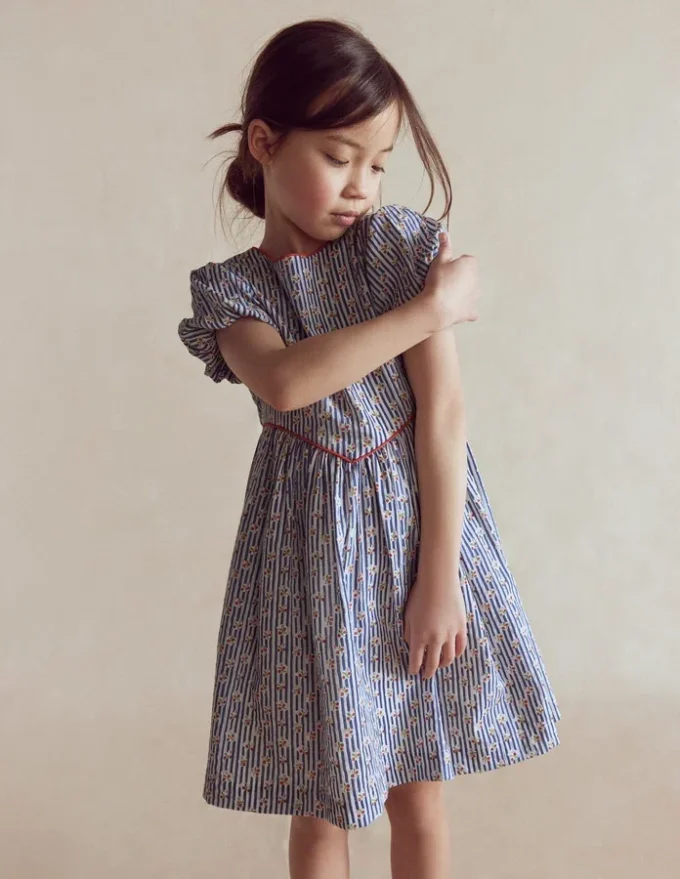 V-waist Woven Dress Bluejay Cherry Stripe