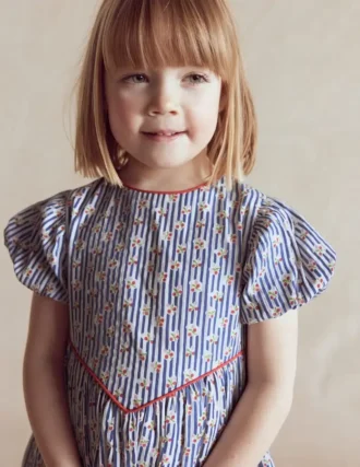 V-waist Woven Dress Bluejay Cherry Stripe