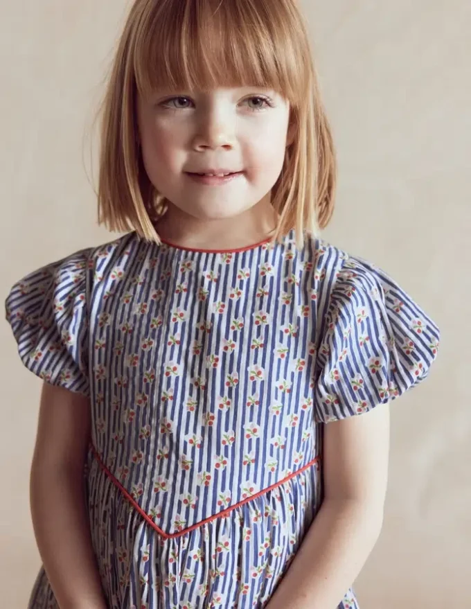 V-waist Woven Dress Bluejay Cherry Stripe
