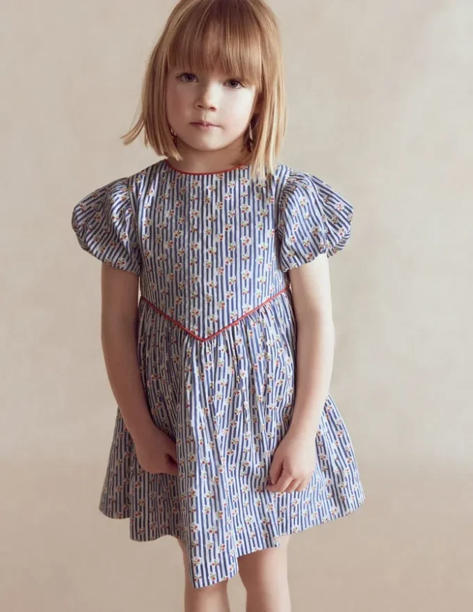 V-waist Woven Dress Bluejay Cherry Stripe