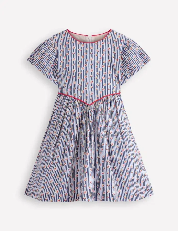 V-waist Woven Dress Bluejay Cherry Stripe