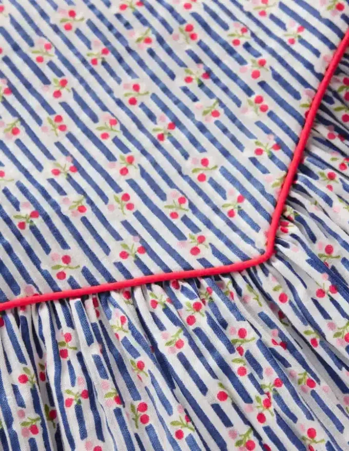 V-waist Woven Dress Bluejay Cherry Stripe