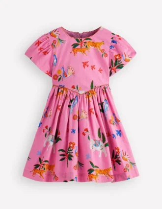 V-waist Woven Dress Formica Pink Tropical Animals