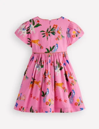 V-waist Woven Dress Formica Pink Tropical Animals