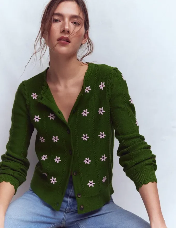 Valeria Crochet Trim Cardigan Promenade Green , Embroidery Valeria Crochet Trim Cardigan Promenade Green , Embroidery