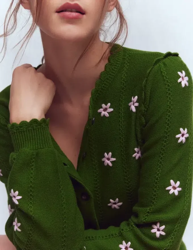 Valeria Crochet Trim Cardigan Promenade Green , Embroidery Valeria Crochet Trim Cardigan Promenade Green , Embroidery