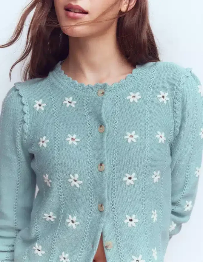 Valeria Crochet Trim Cardigan Seamist Blue, Embroidery Valeria Crochet Trim Cardigan Seamist Blue, Embroidery