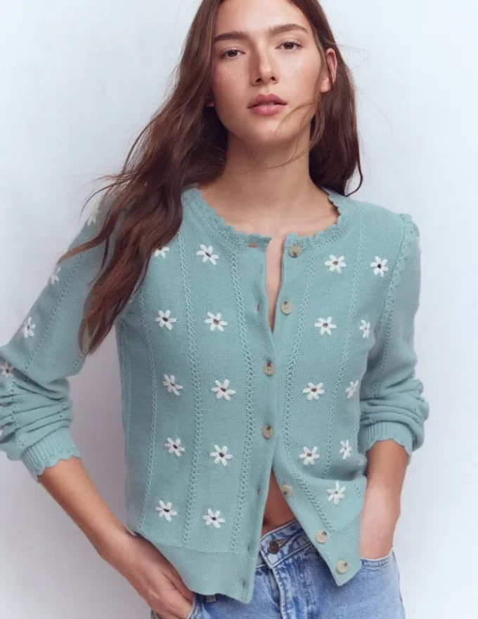 Valeria Crochet Trim Cardigan Seamist Blue, Embroidery Valeria Crochet Trim Cardigan Seamist Blue, Embroidery