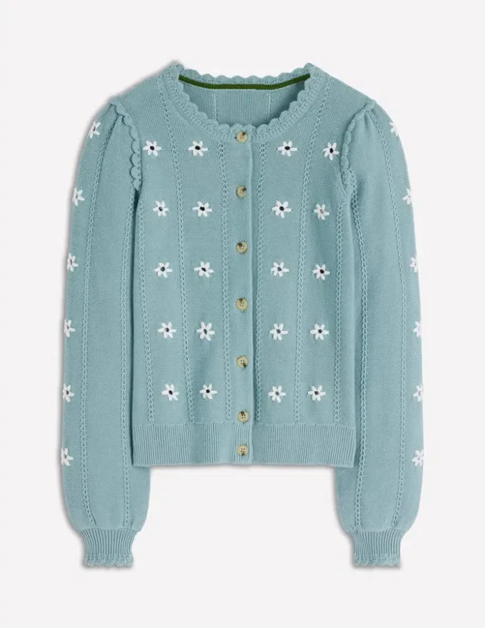 Valeria Crochet Trim Cardigan Seamist Blue, Embroidery Valeria Crochet Trim Cardigan Seamist Blue, Embroidery