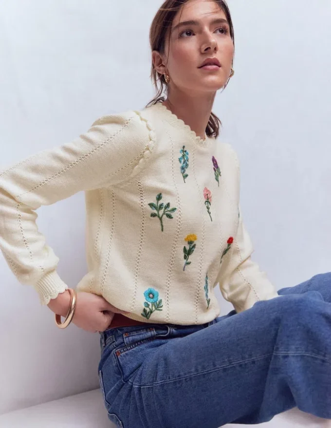 Valeria Crochet Trim Jumper Warm Ivory , Embroidery Valeria Crochet Trim Jumper Warm Ivory , Embroidery
