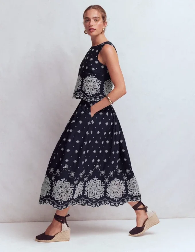 Verity Broderie Poplin Skirt Navy Verity Broderie Poplin Skirt Navy