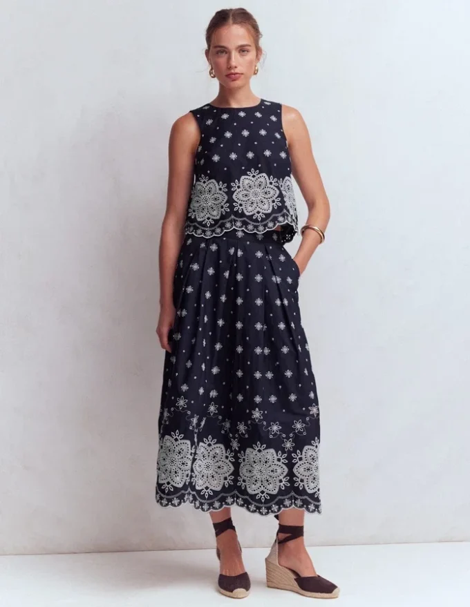 Verity Broderie Poplin Skirt Navy Verity Broderie Poplin Skirt Navy