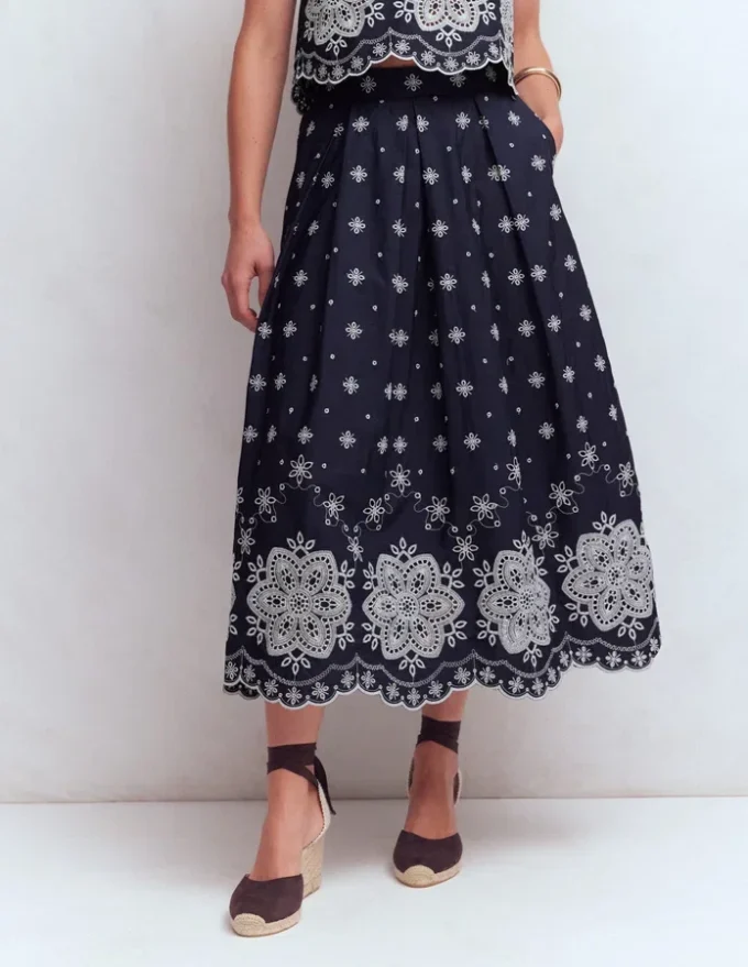 Verity Broderie Poplin Skirt Navy Verity Broderie Poplin Skirt Navy