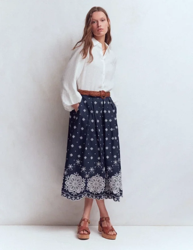 Verity Broderie Poplin Skirt Navy Verity Broderie Poplin Skirt Navy